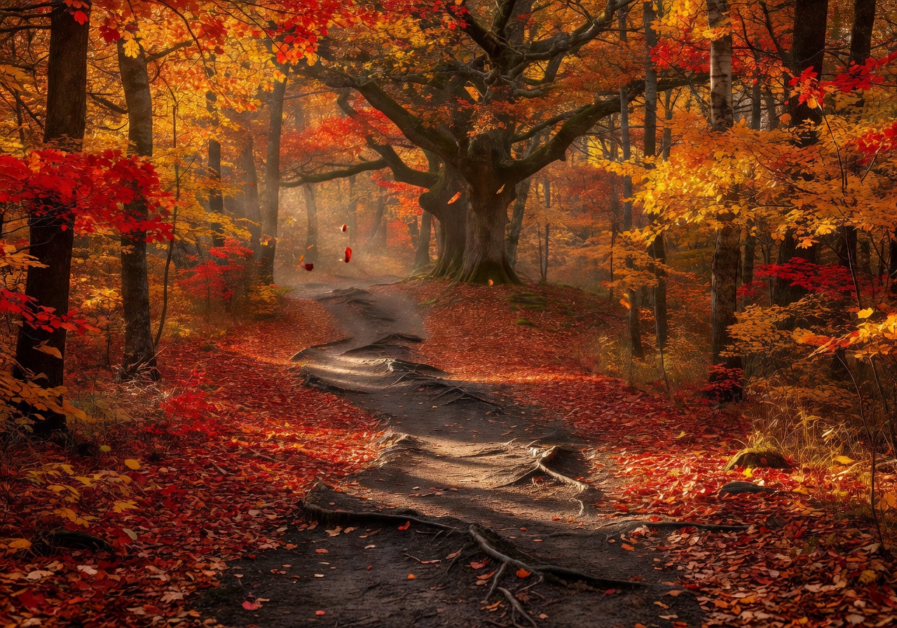 A narrow earthen path winding through autumn woods