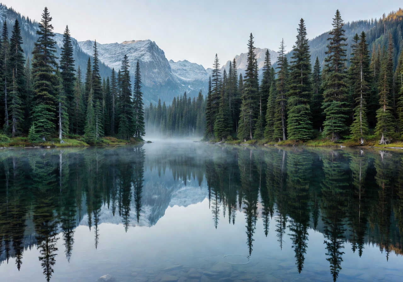 A still alpine lake reflecting evergreen trees