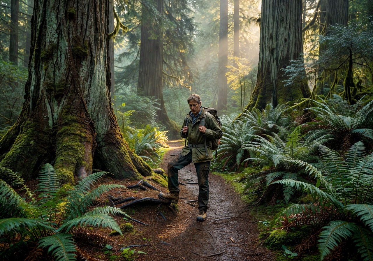 A walker pausing on a forest trail beside ferns and ancient bark