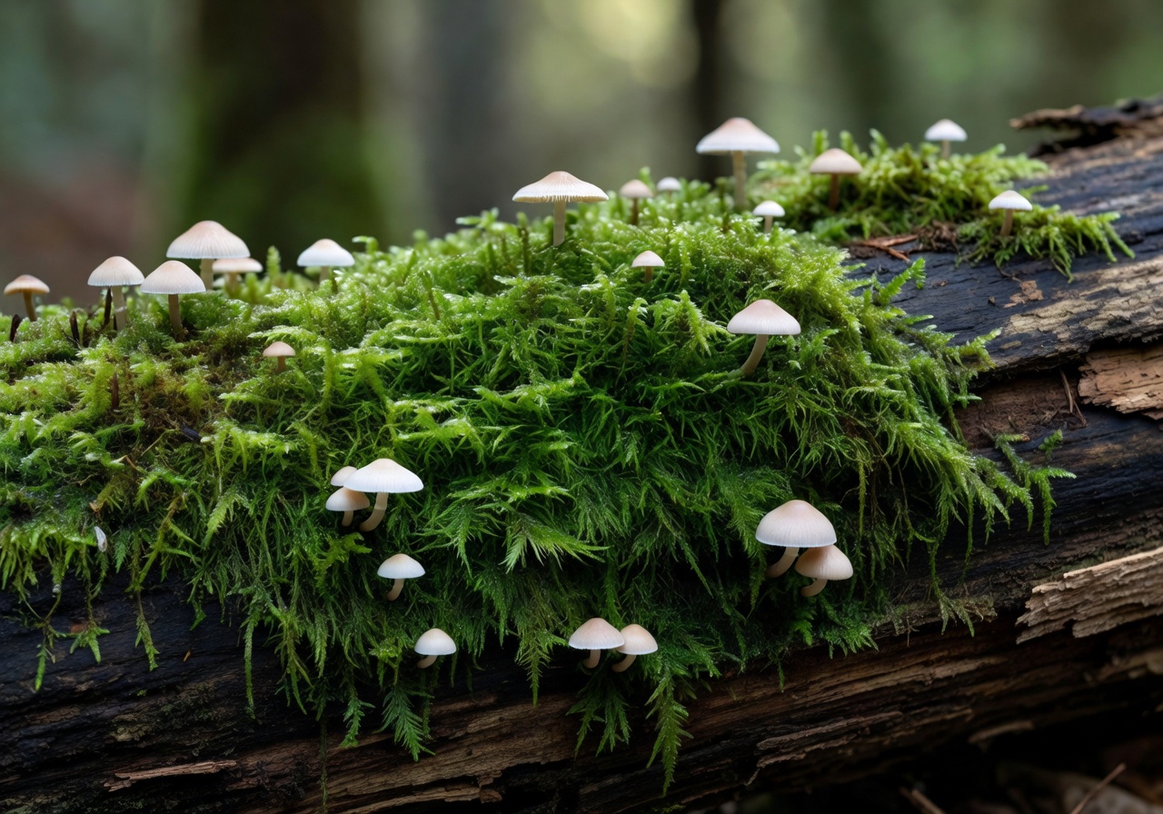 Close-up of green moss and small mushrooms on a fallen log