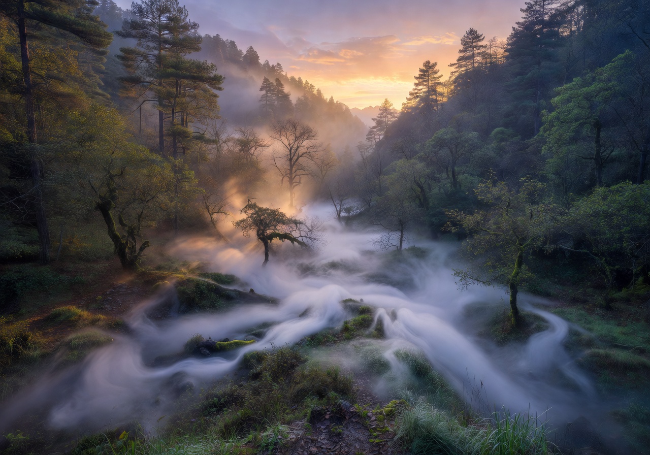 Fog drifting through a wooded valley at dawn