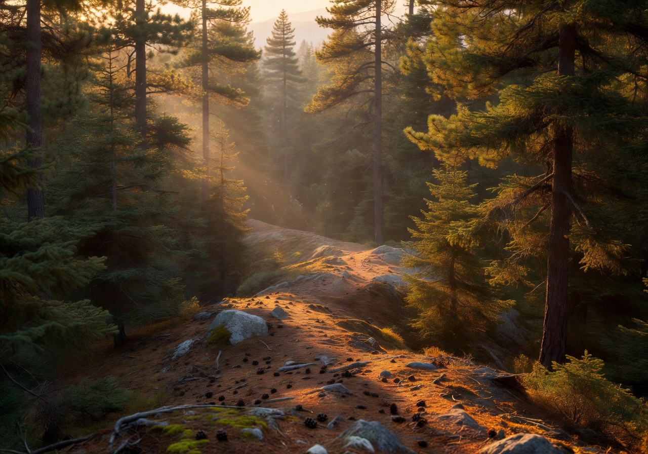 Golden hour light through evergreen forest along a quiet ridge