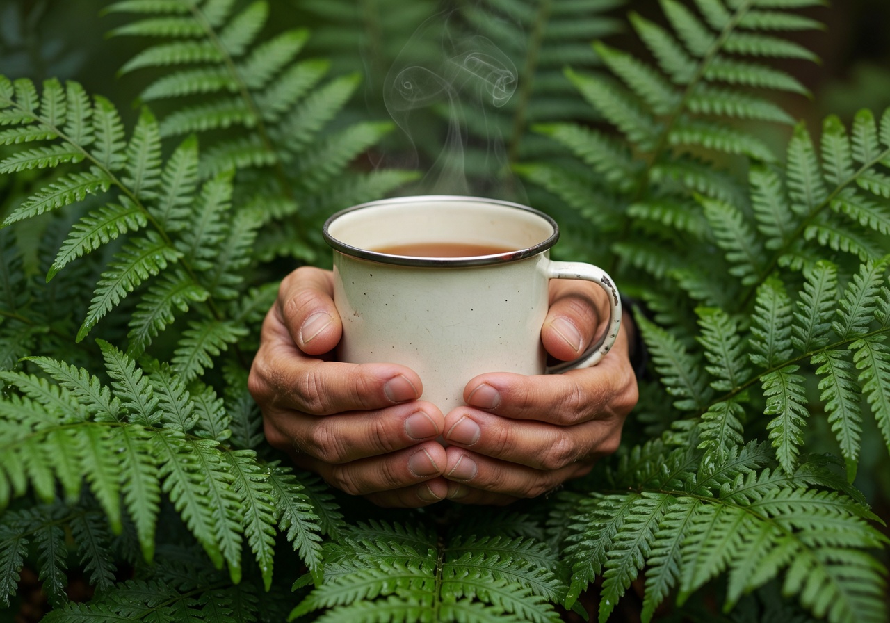 Hands cupping a warm enamel mug surrounded by green ferns