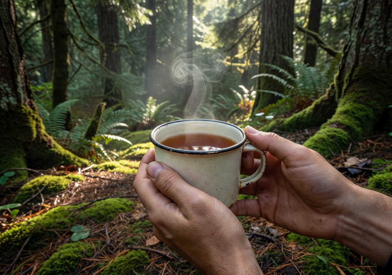 Hands holding a steaming enamel cup of tea in the forest