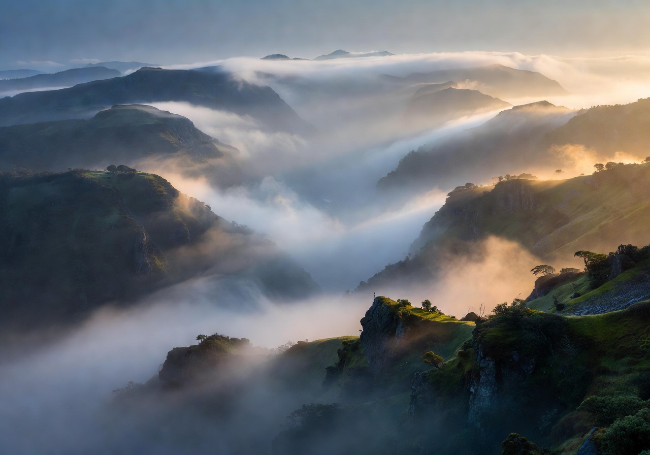 Misty mountain valley at dawn with layered ridges