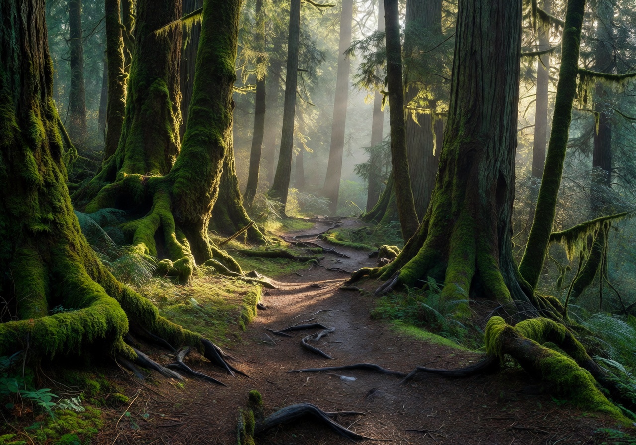 Moss-draped old growth forest path with soft morning light