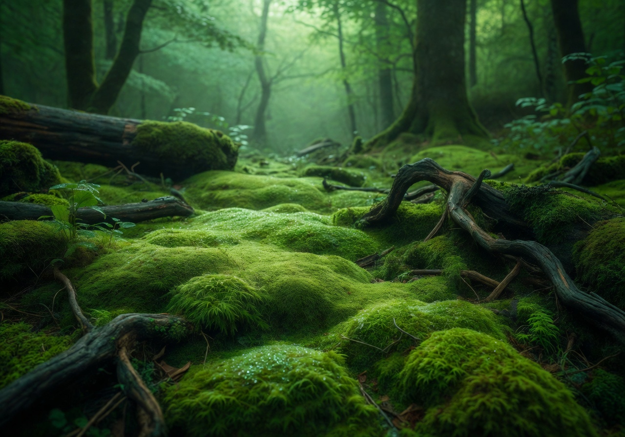 Quiet mossy forest floor with diffuse green light