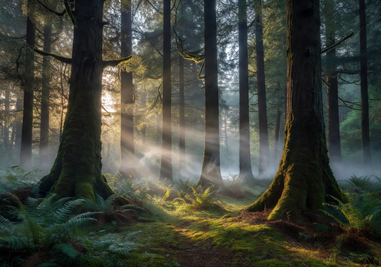 Soft morning light through tall forest with mist between trees