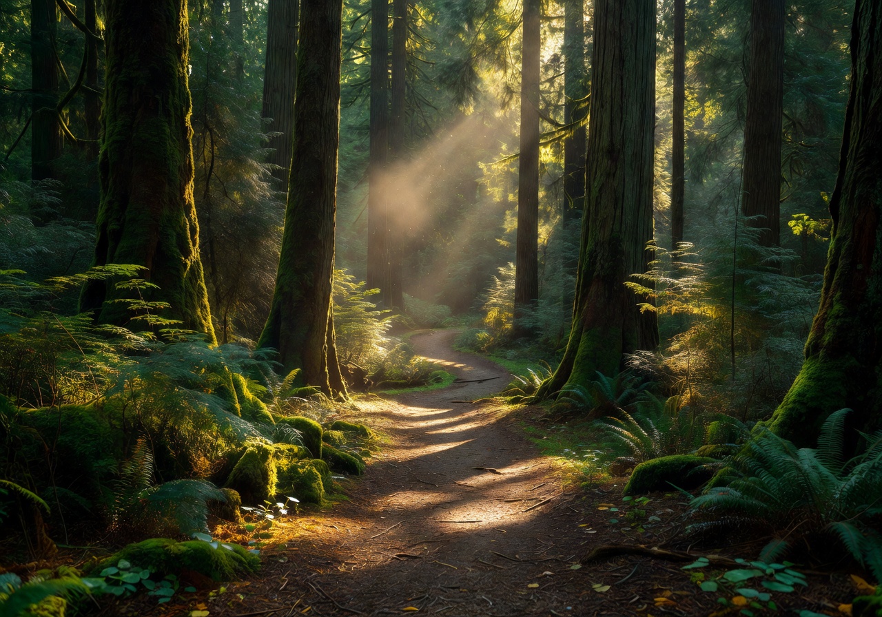 Sunlight filtering through tall forest trees on a quiet trail