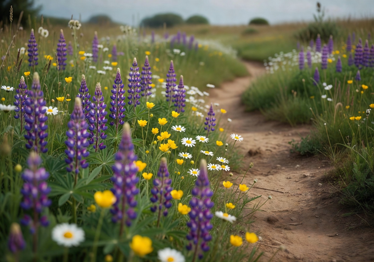 Wildflowers in soft focus along the edge of a trail
